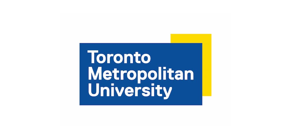 Logo of Toronto Metropolitan University featuring bold white text on a blue background with a yellow square overlay.