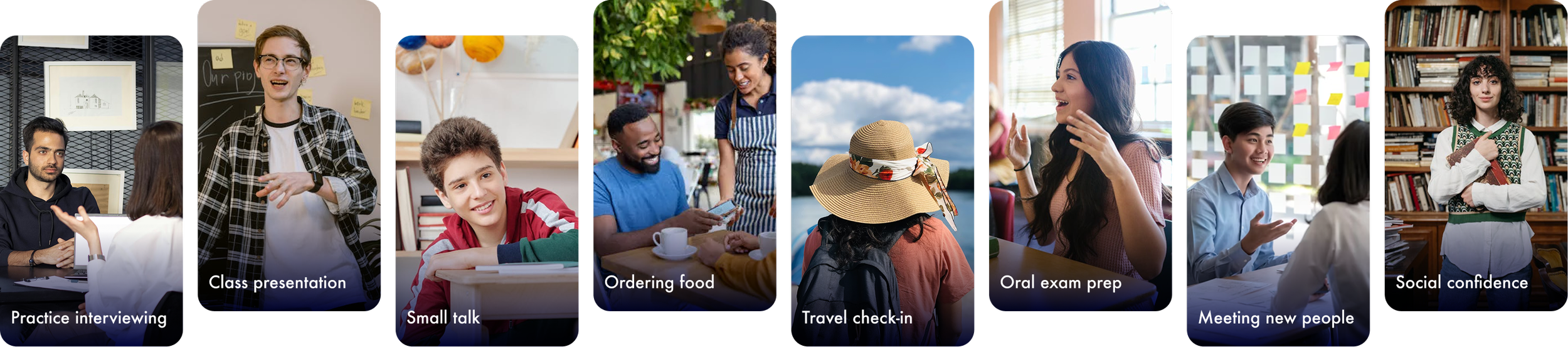 Collage of eight photos showing various social and learning activities, including practicing interviews, class presentation, small talk, ordering food, travel check-in, oral exam prep, meeting new people, and social confidence.