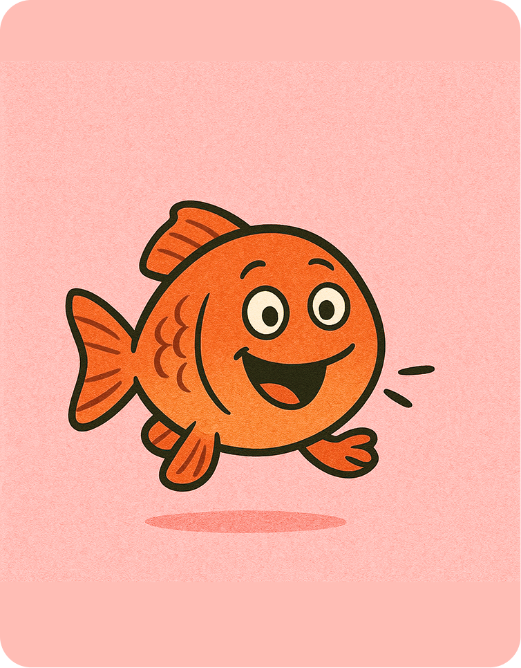 A happy cartoon goldfish with a wide smile and big eyes, on a pink background.