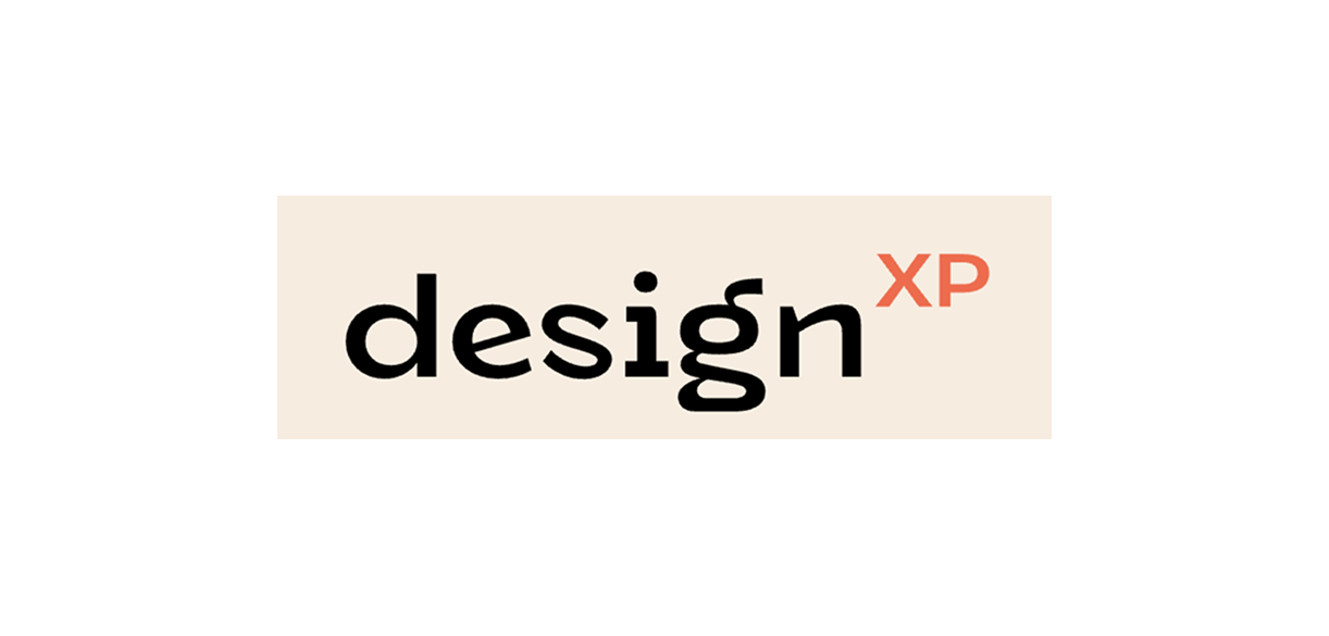 Graphic design logo with the words "design XP" in black and red text on a beige background