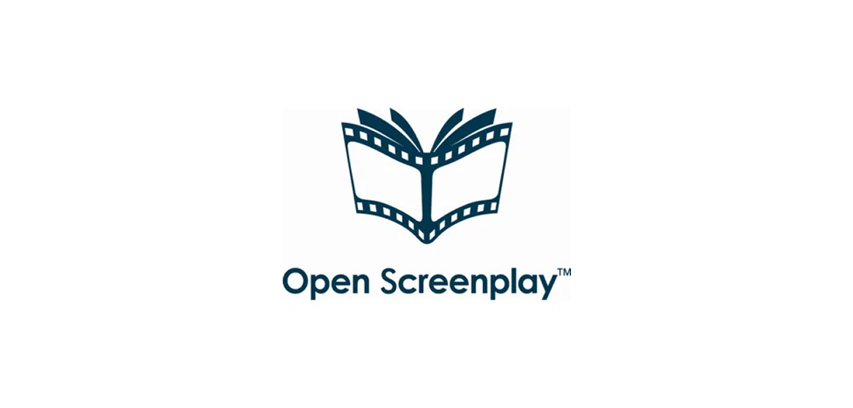 Open Screenplay logo featuring a book with film strip pages and the text 'Open Screenplay' underneath.