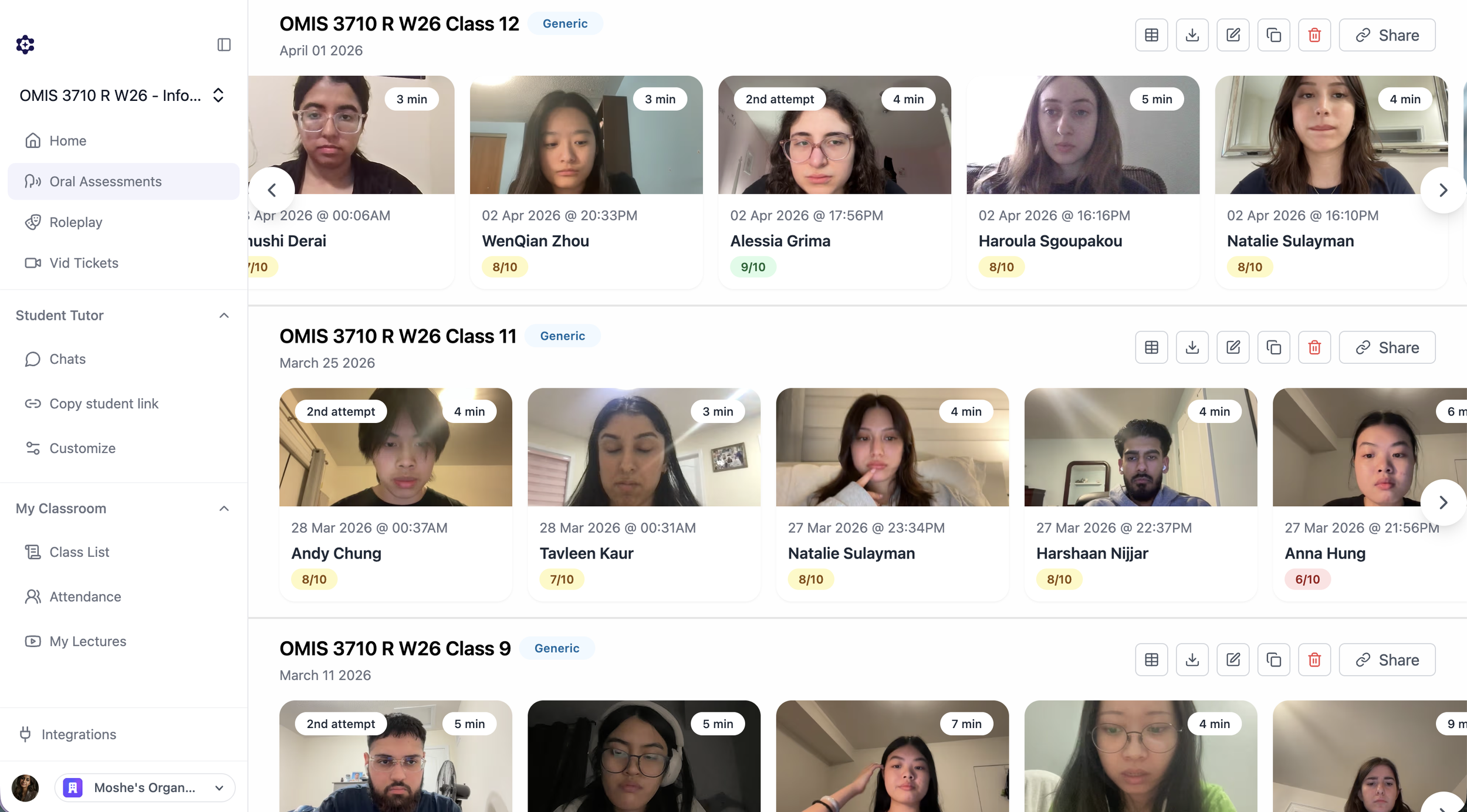 Screenshot of a virtual classroom platform showing multiple students with their video feeds in a grid format, each with name labels and session durations, along with sidebar menu options.