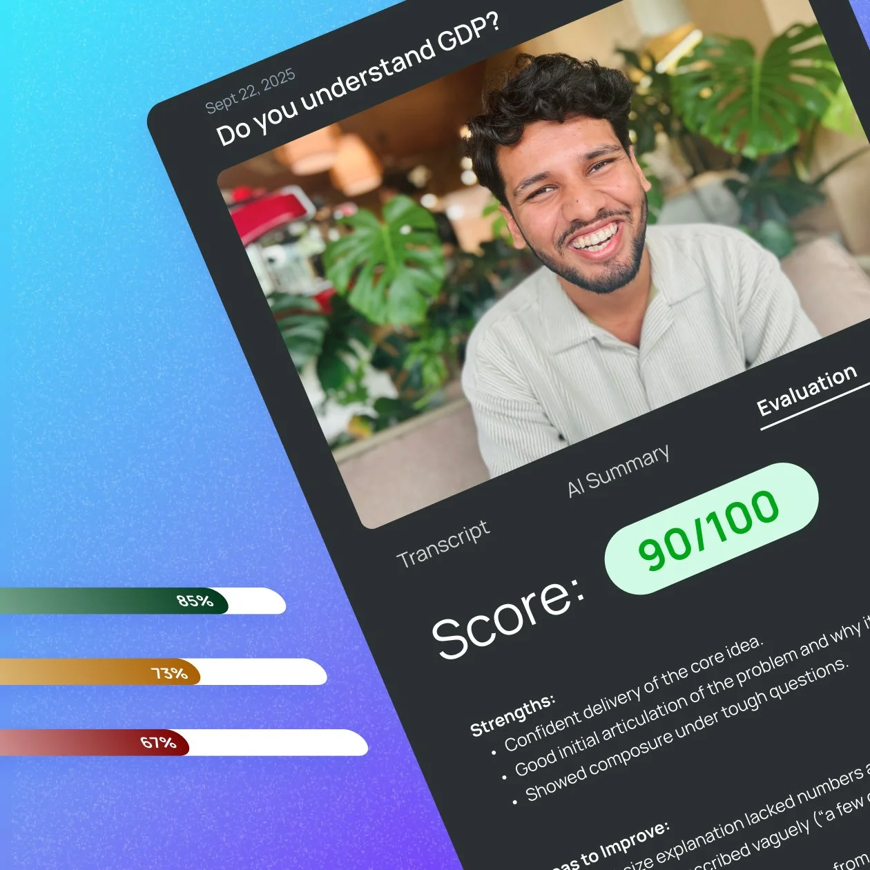 A man smiling in a well-lit indoor space with houseplants in the background. The image includes a digital assessment with a score of 90 out of 100 and a summary of strengths and areas to improve.