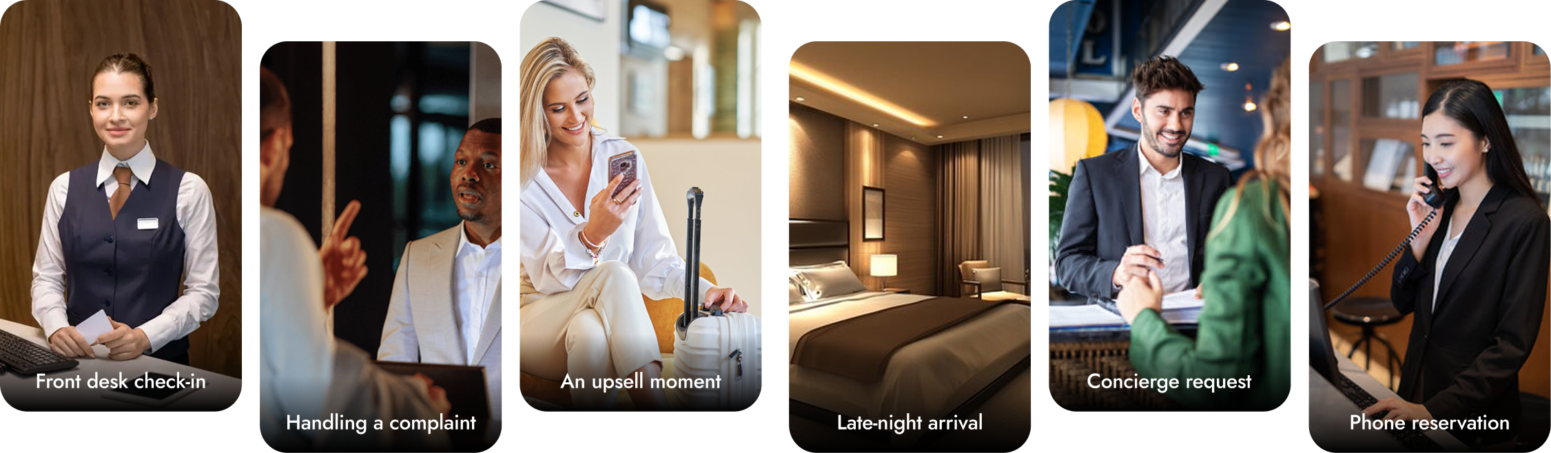 Collage of hotel scenes: front desk check-in with a smiling woman clerk, handling a complaint with a guest, a woman using her phone next to a suitcase, a hotel room with a bed, a man and woman at the hotel concierge desk, and a phone reservation.