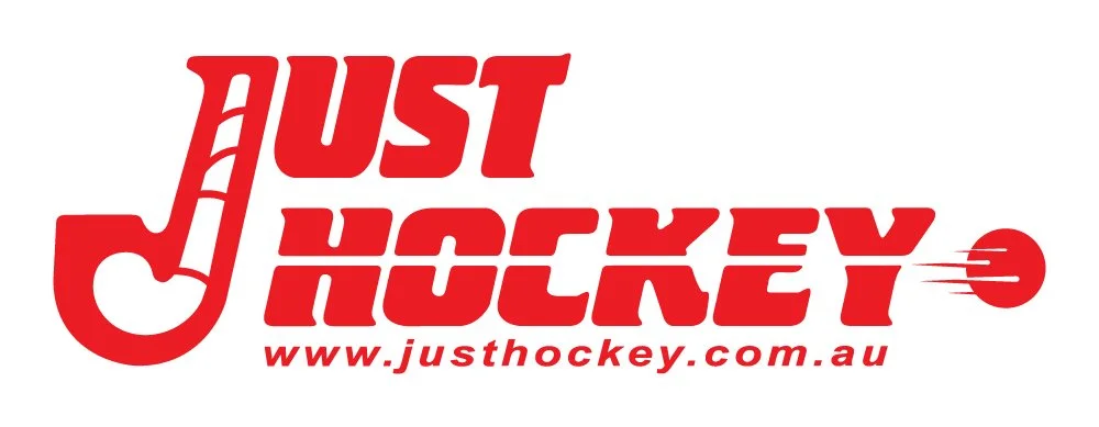 Logo for Just Hockey featuring red stylized hockey stick and puck with text 'Just Hockey' and website 'www.justhockey.com.au'.