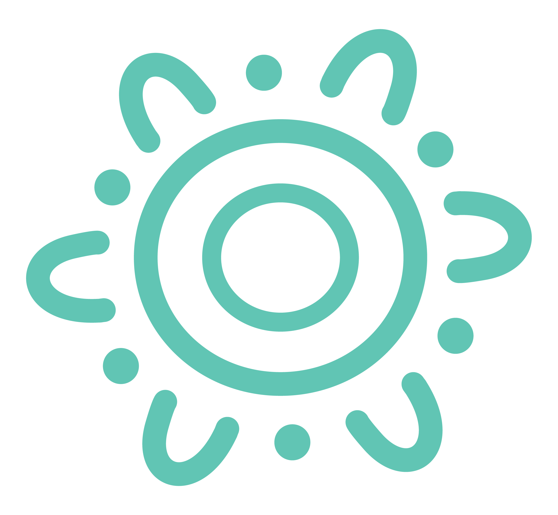 Abstract teal circle with surrounding curved lines and dots on black background.