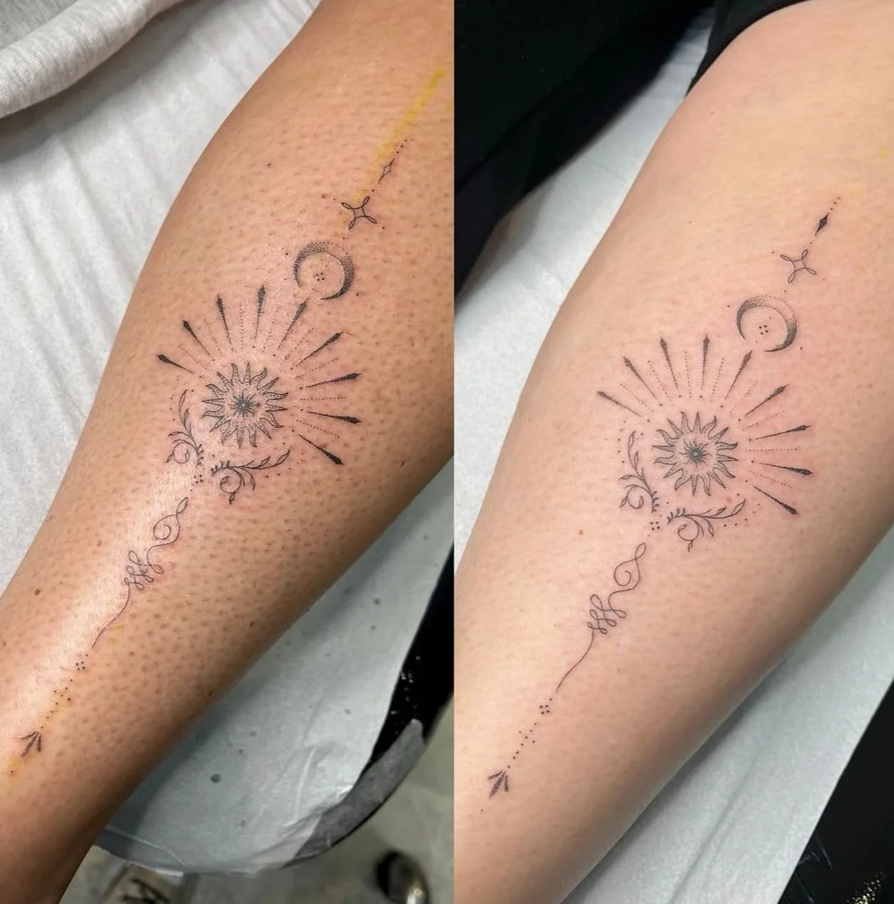 Two matching fineline ornamental tattoos on the calf, featuring a unalome, crescent moon, star and sun.