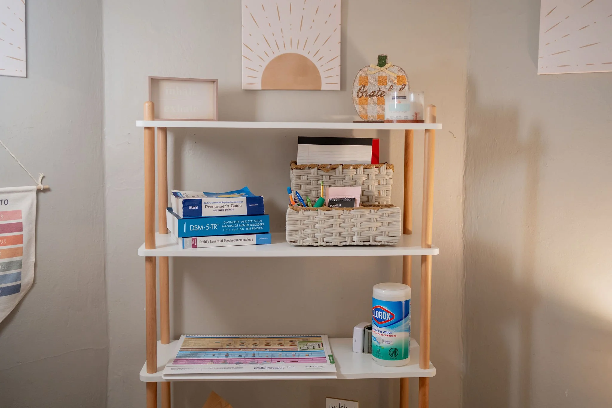 White shelving unit with four shelves holding books, a woven basket with office supplies, disinfecting wipes, and decorative wall art above.
