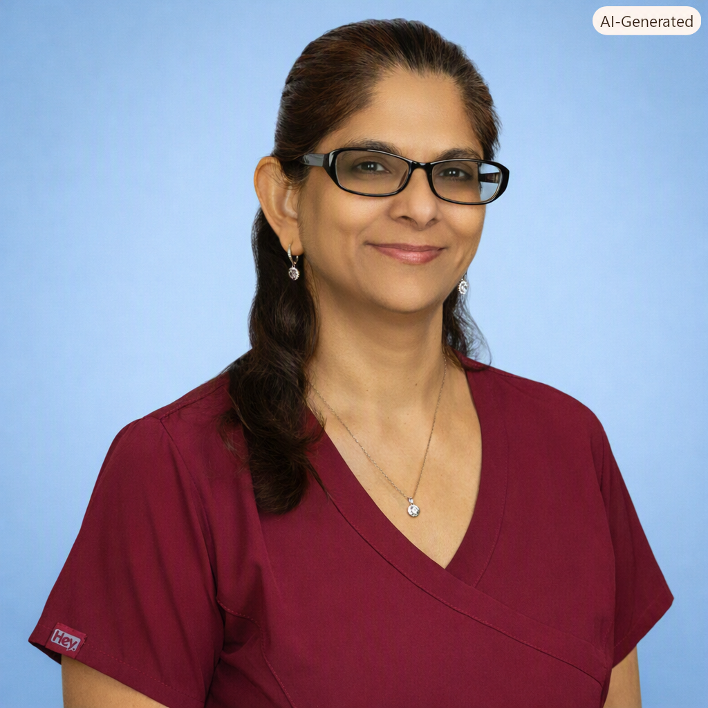 A smiling woman wearing black glasses, earrings, a necklace, and a maroon medical scrub top with a 'Hey' brand tag, standing against a light blue background.