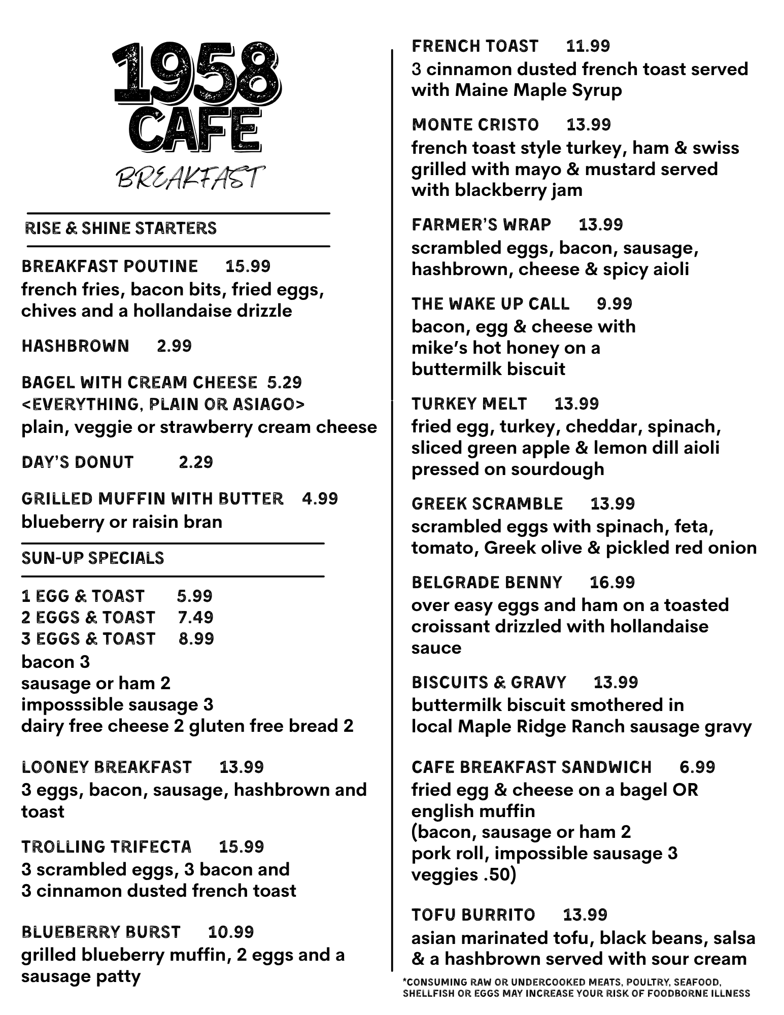 2026 Spring Breakfast Menu 1958 Cafe