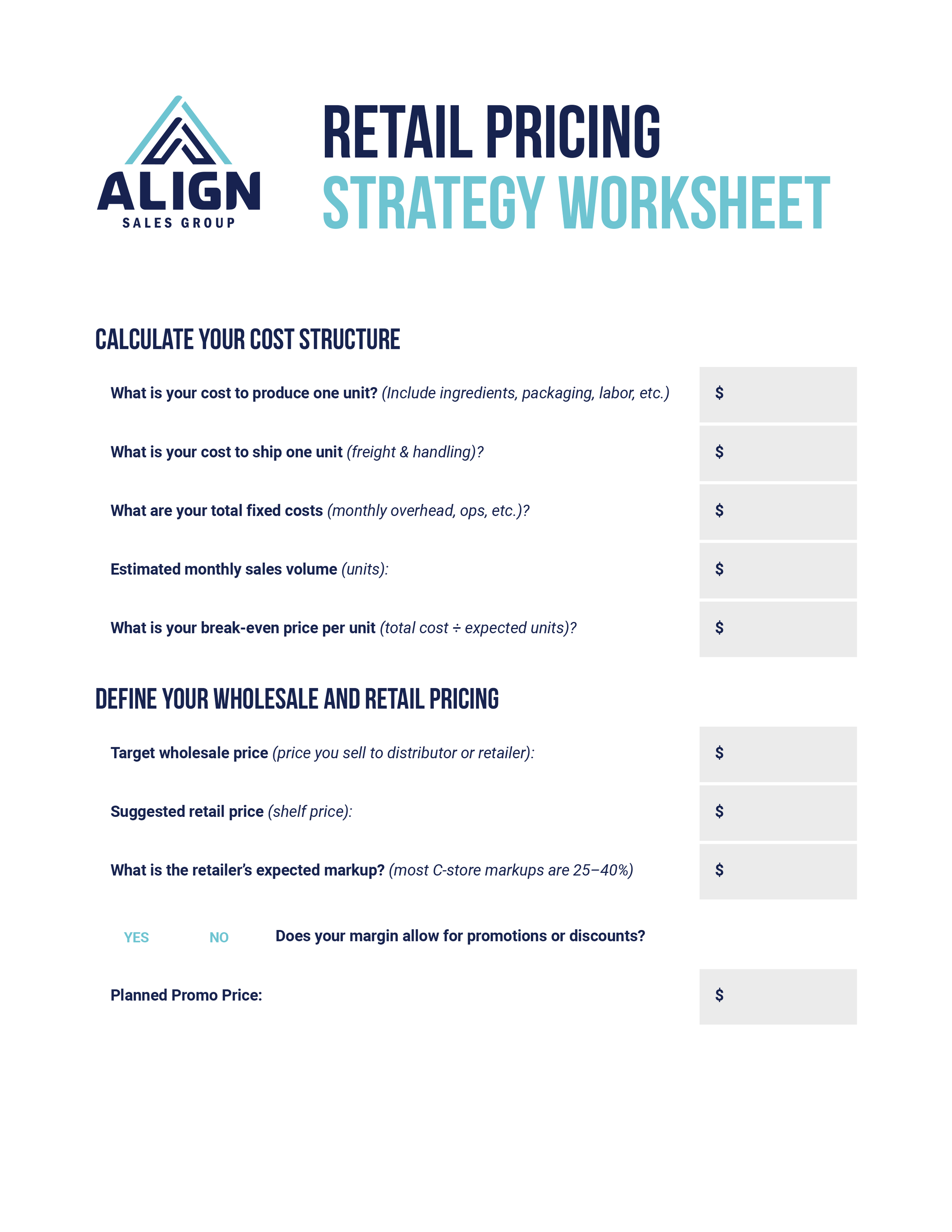 Retail Pricing Strategy Worksheet with sections on cost structure, wholesale and retail pricing, and markup calculations.