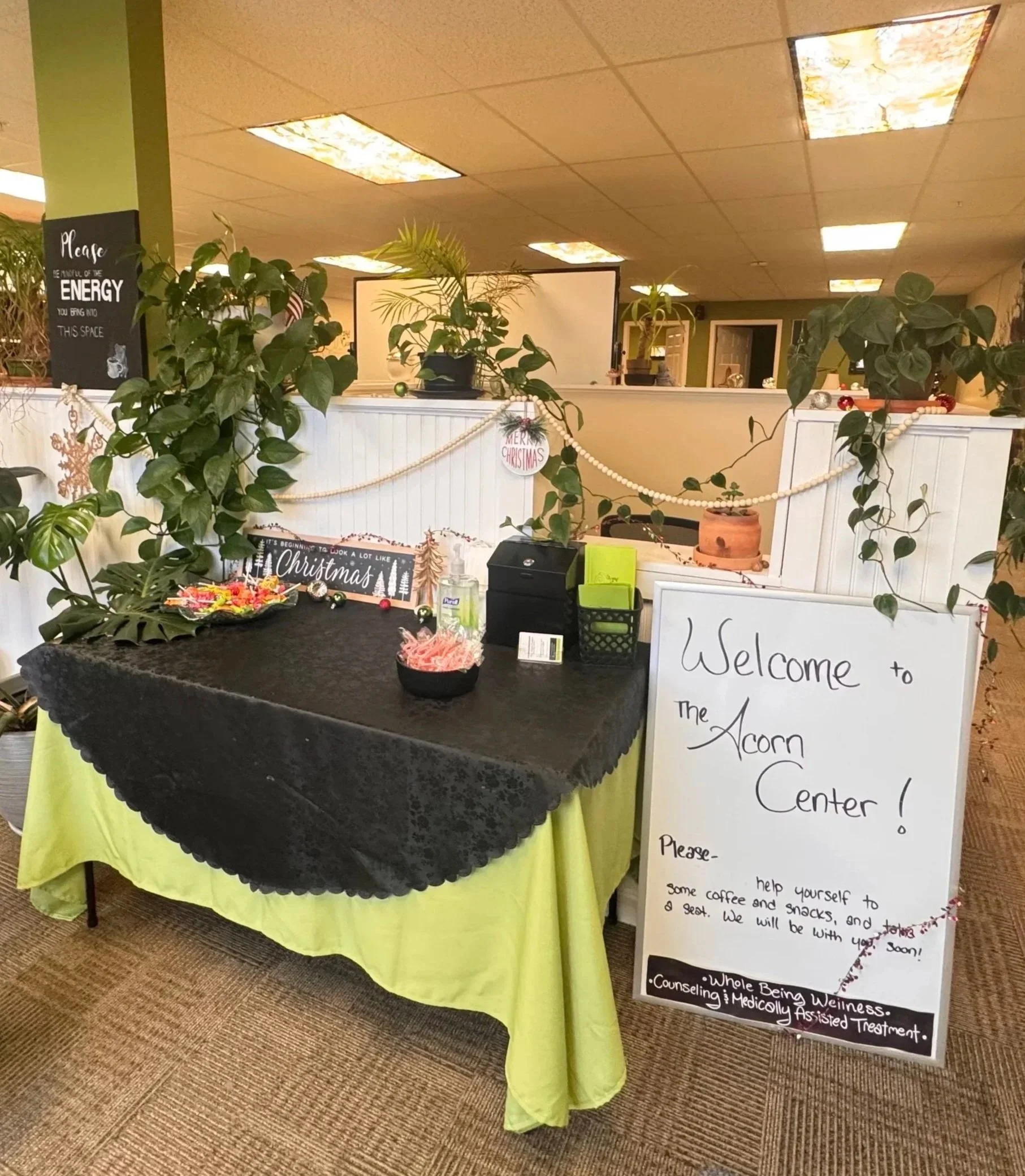 Welcome table inside The Acorn Center