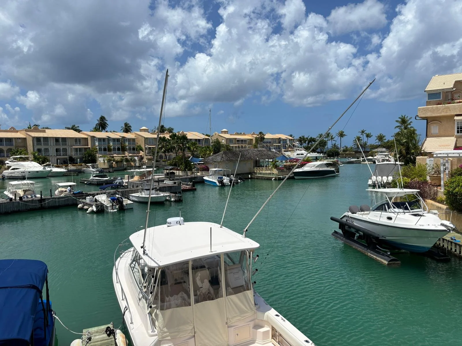 Tropical marina with boats docked, surrounded by residential buildings under a partly cloudy sky.