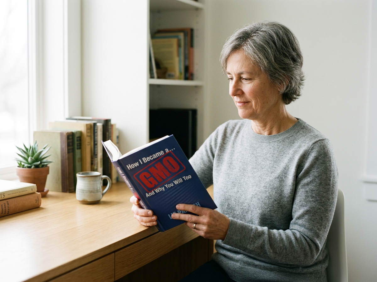 An older woman with short gray hair reading a book titled "How I Became a GMO and Why You Will Too" in a well-lit room with a wooden desk, books, a potted plant, and a mug.