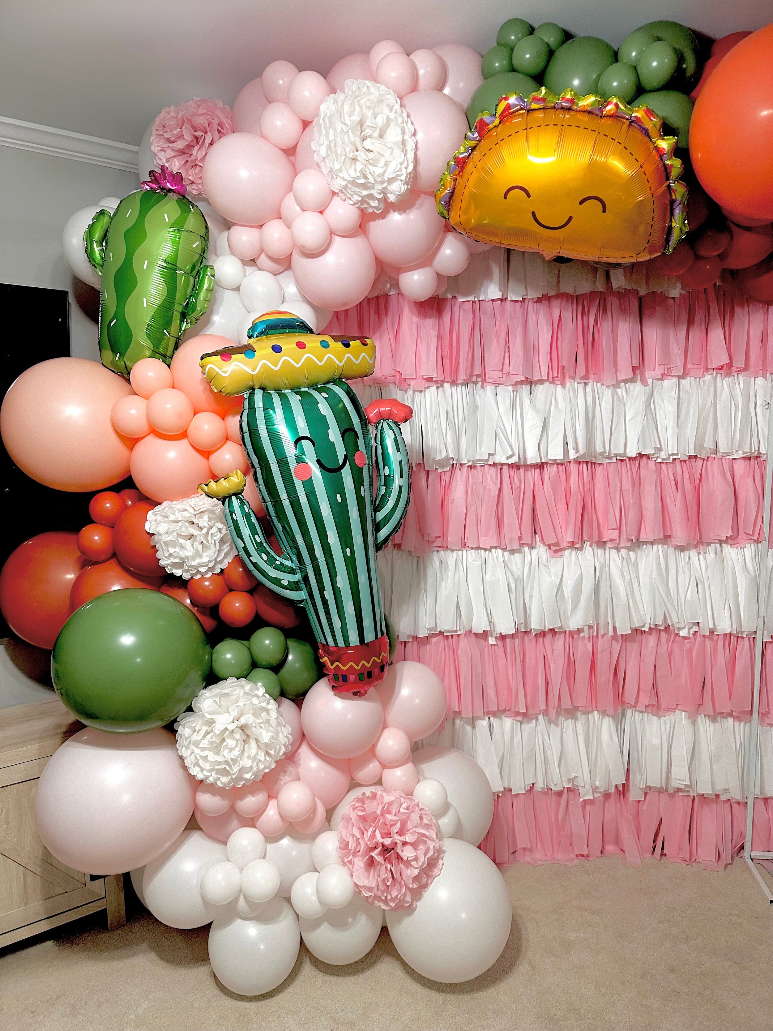Balloon Arch with Pink & White Fringe Backdrop