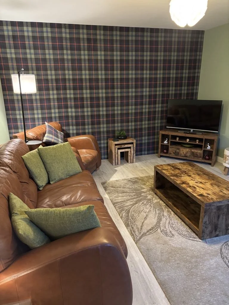 Cozy living room with brown leather sofa and green pillows, plaid accent wall, wooden coffee table, flat-screen TV on a wooden stand, and a multicolored round rug.