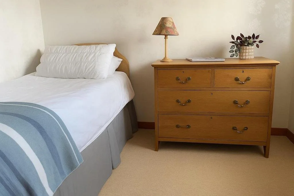 A bedroom corner with a single bed, a wooden dresser, a table lamp, and a potted plant.