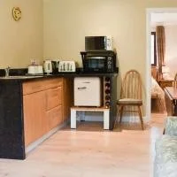 Kitchen corner with black countertop, wooden cabinets, microwave, toaster, and a small white oven on a stand. A wooden chair is nearby.