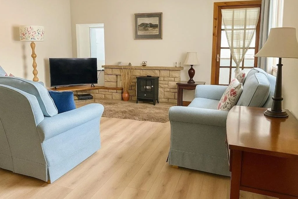A cozy living room with two light blue sofas, a wooden side table, a black wood-burning stove, a television, and lamps. There is a window with a checkered curtain and a door with glass panes.