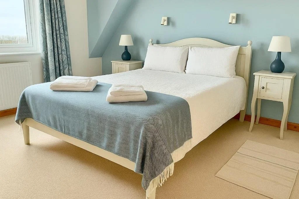 A neatly made bed with white bedding, two pillows, a blue throw blanket at the foot, and folded towels on top. Flanked by two matching white nightstands with blue lamps. A window with curtains is on the left, and a small rug is on the beige carpeted 