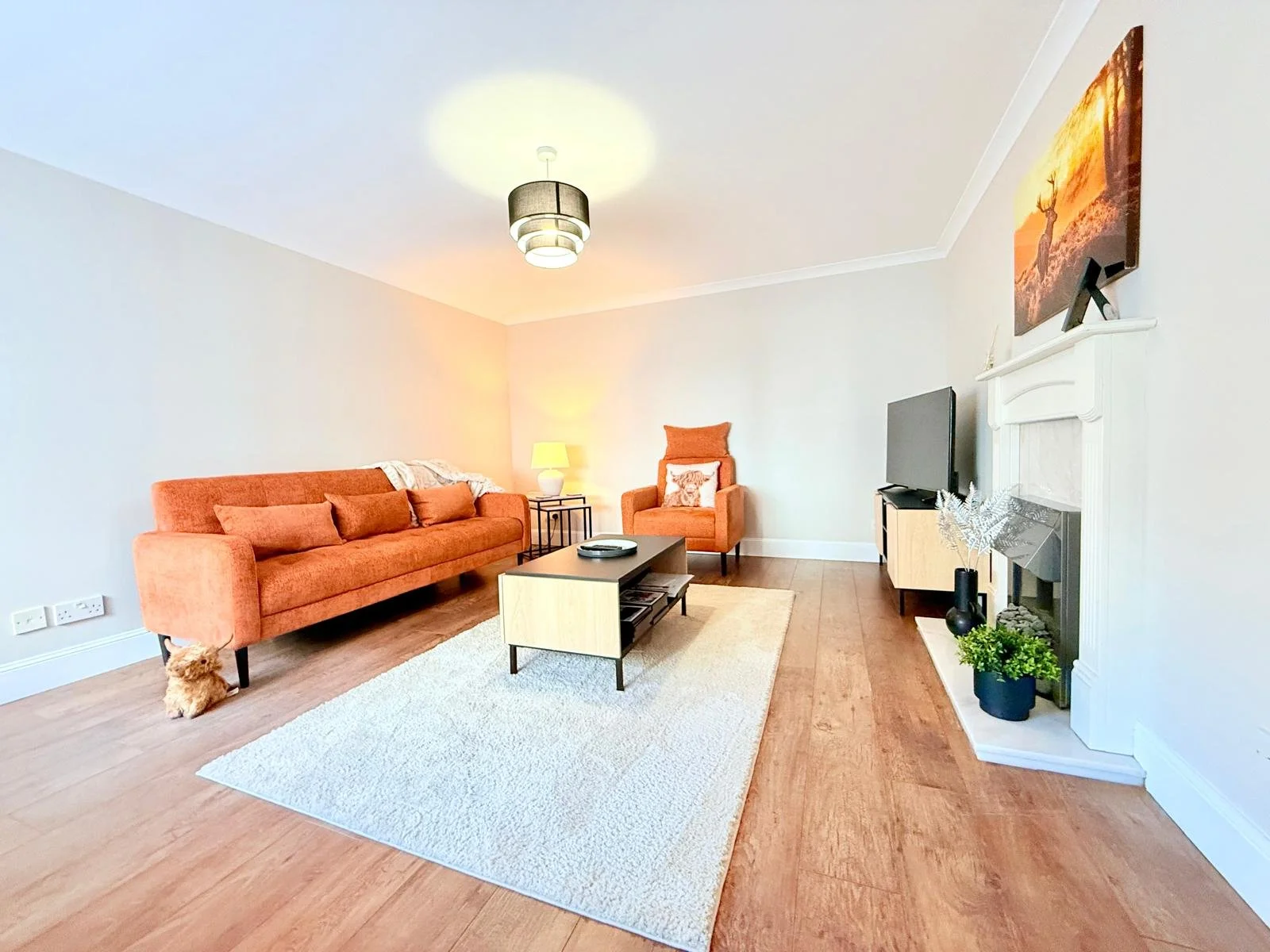 Living room with orange sofa, armchair, coffee table, TV, fireplace, plants, and artwork on white walls.