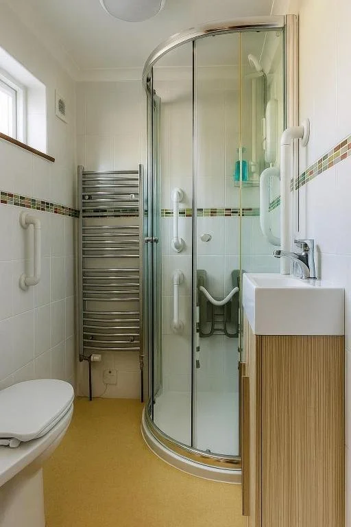 Small bathroom with a corner shower stall, toilet, small sink with cabinet, and towel radiator.