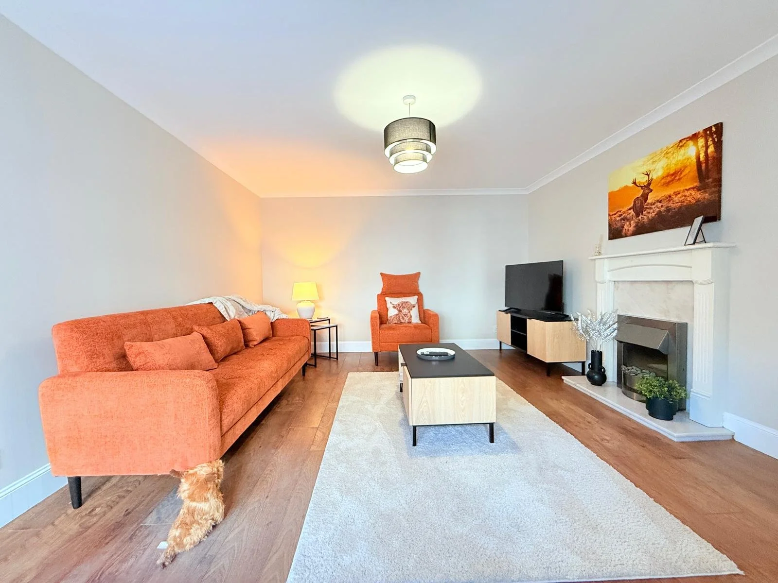 Living room with an orange couch, matching armchair, a coffee table, a TV, fireplace, and wall art of a sunset with a deer