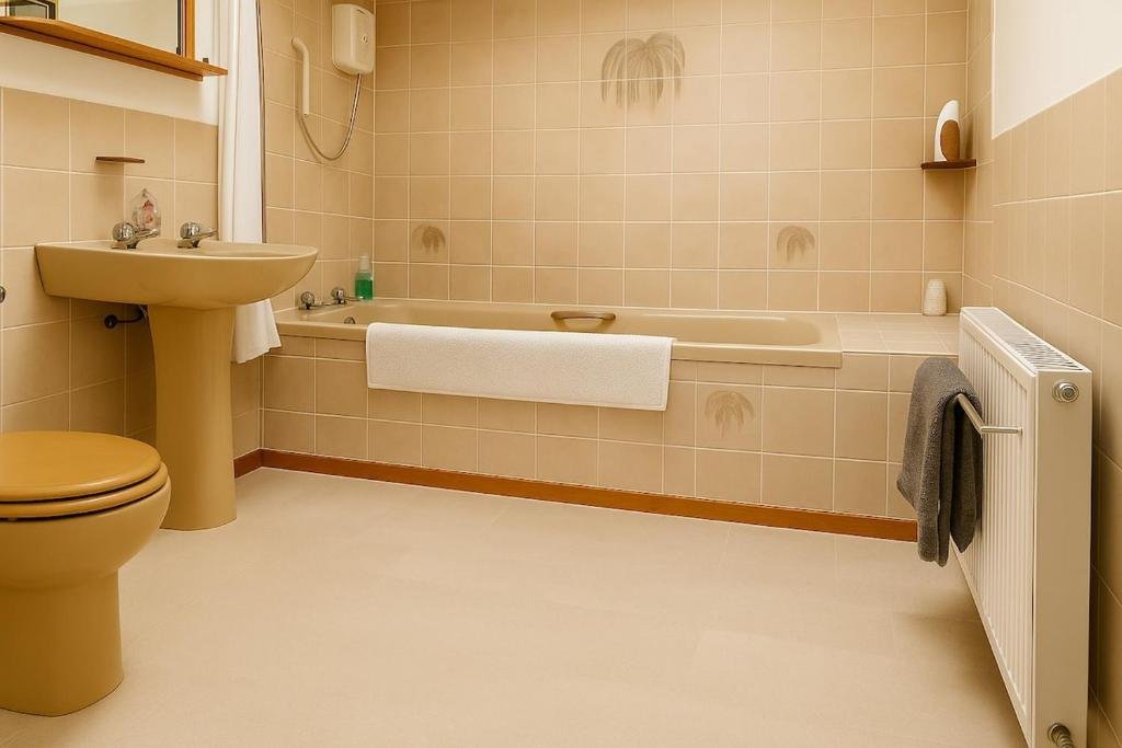 A bathroom with beige tiles, a toilet, a pedestal sink, a bathtub with a towel hanging over it, a radiator with a towel, and shelves with toiletries.