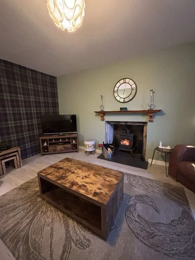 Living room with a fireplace with a mirror and clock above, a television on a wooden stand, a brown leather armchair, a coffee table, a large rug with crane design, and a wall with dark plaid wallpaper.