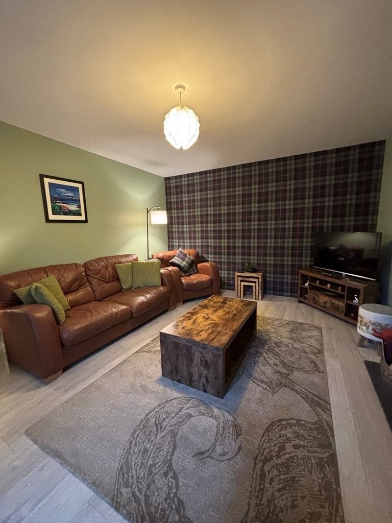 Living room with green wall, plaid accent wall, brown leather sofa with green and patterned throw pillows, wooden coffee table, area rug with animal illustrations, wall art, standing lamp, TV on wooden stand, patterned side table, ceiling light, and 