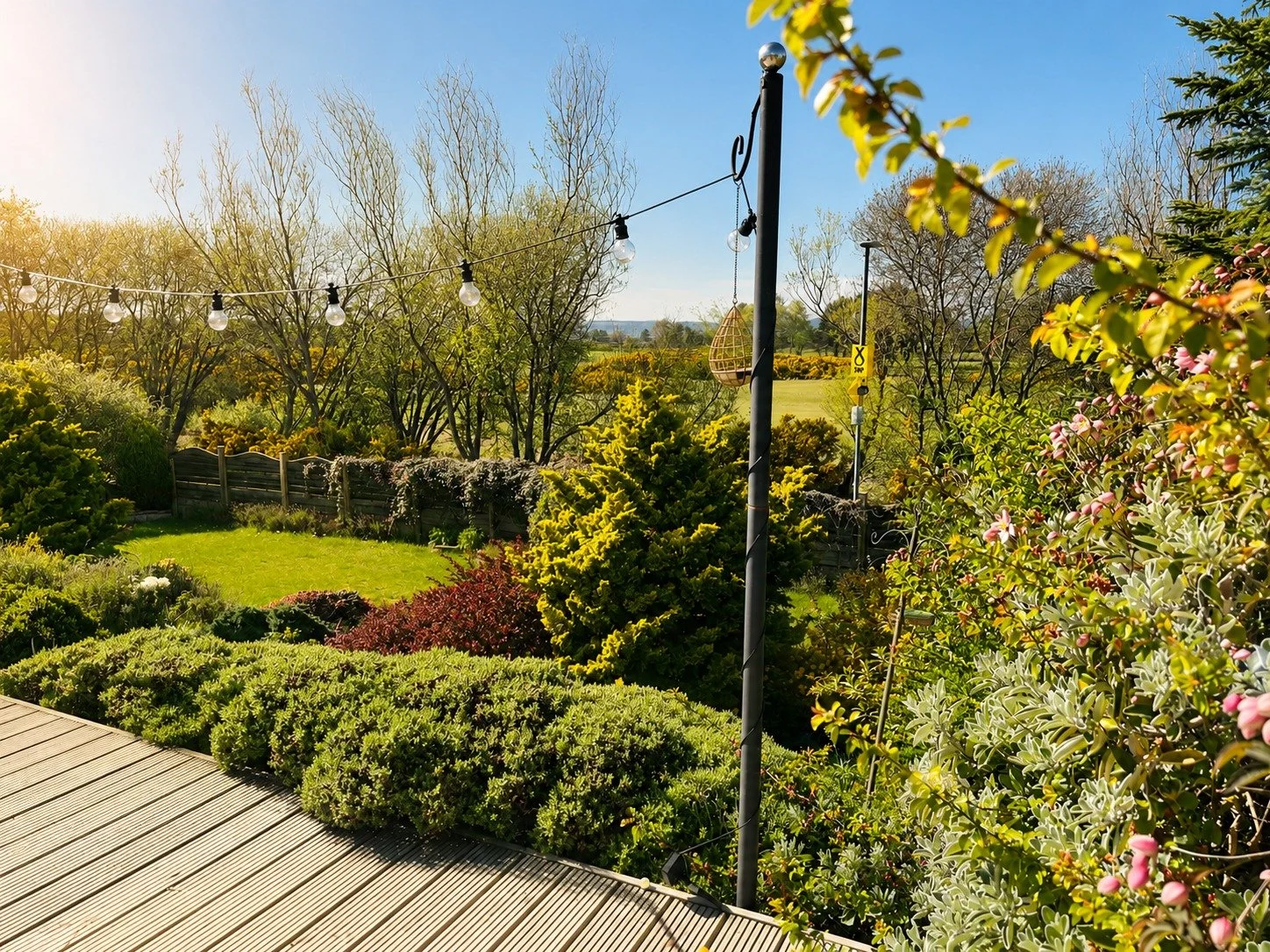 A lush backyard garden with green shrubs, trees, and flowering bushes, with a wooden deck in the foreground, string lights hanging, and a sunny blue sky in the background.