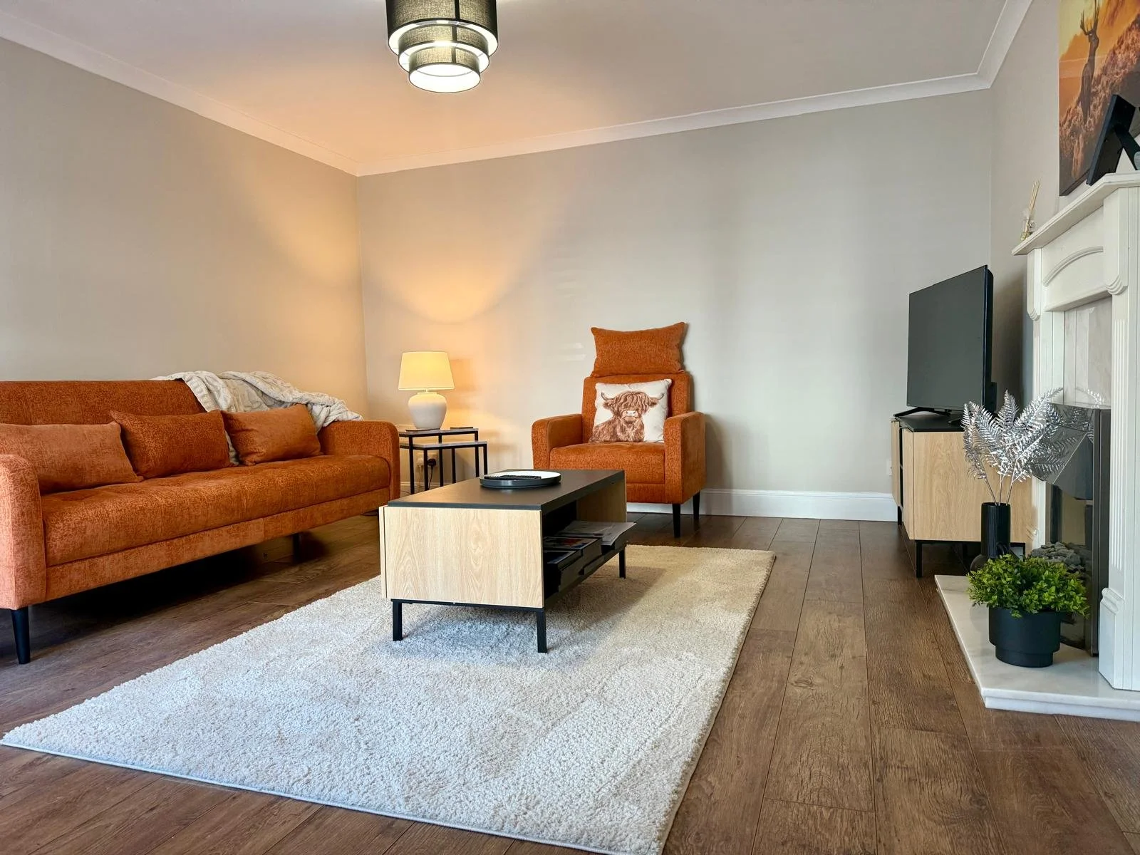 Living room with orange sofa, matching armchair, white rug, coffee table, side table with lamp, television on a stand, and decorative plants.