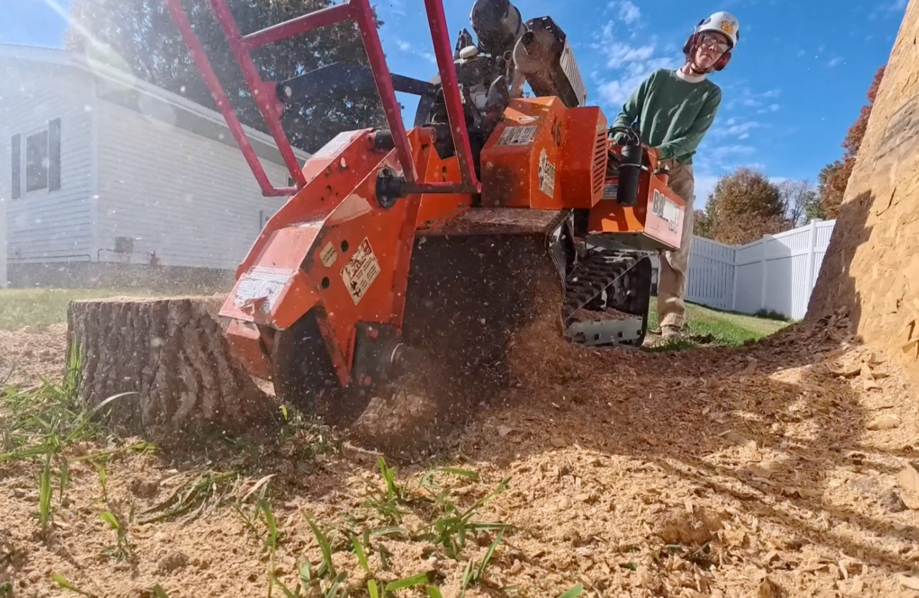 A person operating a mini excavator with a track system, cutting through a large tree stump in a backyard. The person wears safety goggles and a helmet, and the scene takes place on a sunny day with a blue sky and autumn trees in the background.