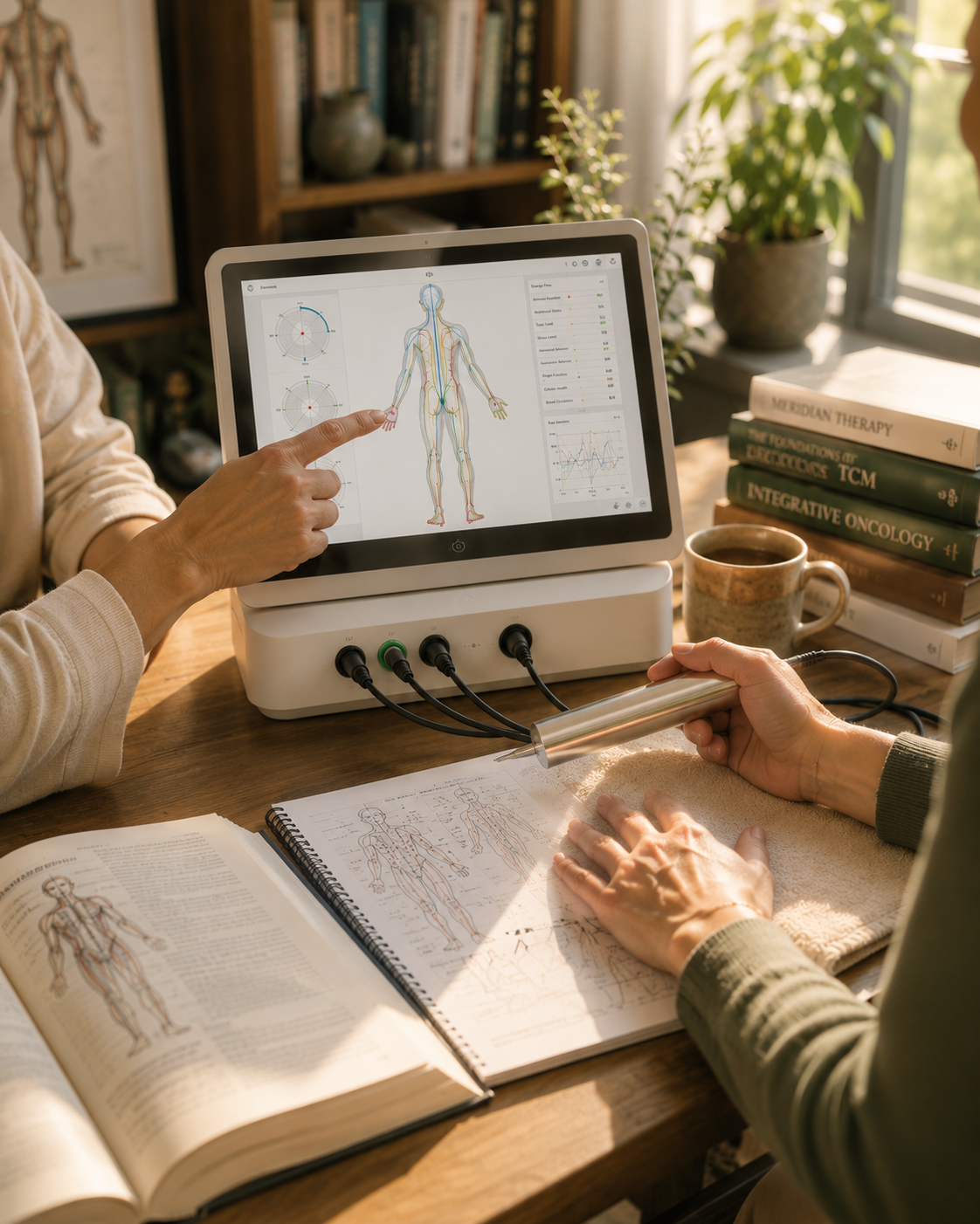 Two people at a desk using a BioScan machine for Acupuncture Meridian Assessment