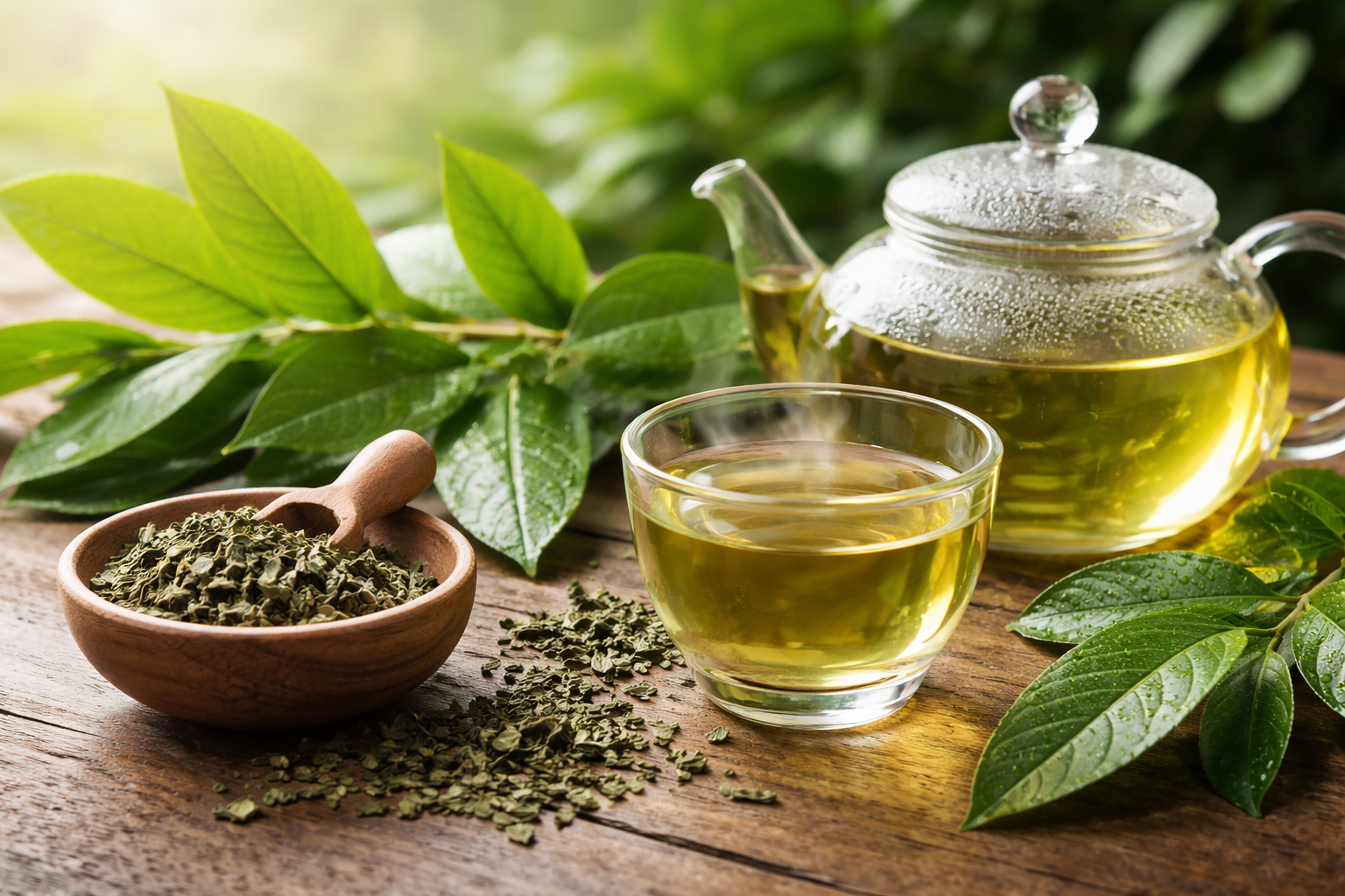 Green tea and tea leaves