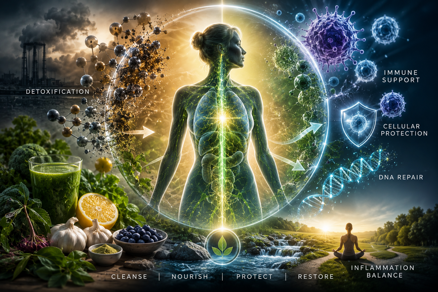 artistic representation of detoxification featuring a female form surrounded by elements of toxins and detoxification