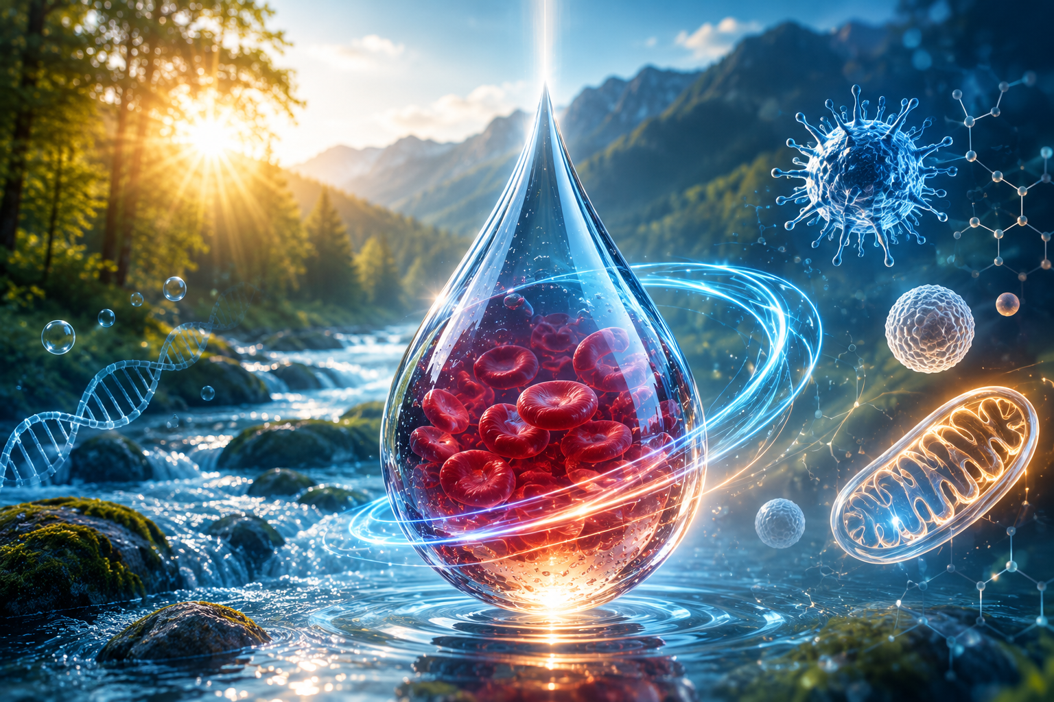 Drop of water with red blood cells in a river of water to represent EBOO treatment in nature