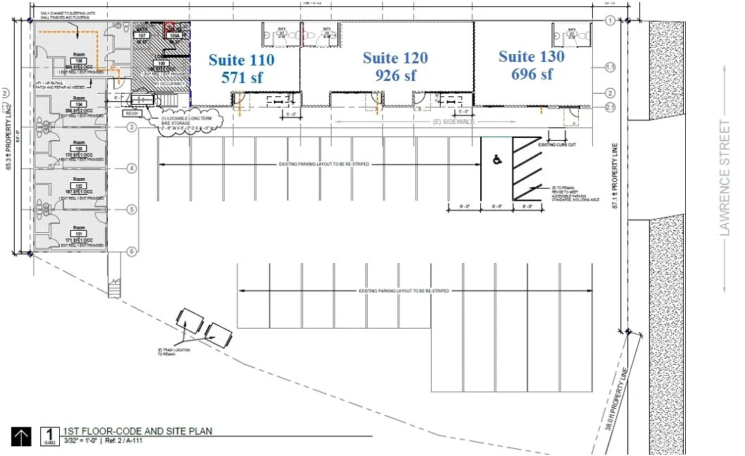 Architectural site and floor plan showing three suites (110, 120, and 130) with their square footage, parking area, and surrounding property lines on Lawrence Street.