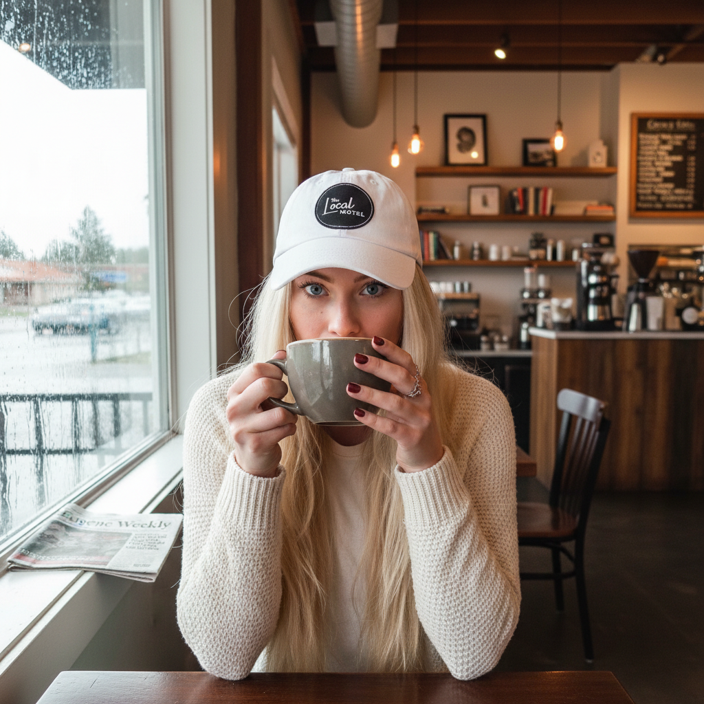 Young woman with long blonde hair, wearing a white baseball cap with a 'Local Motel' logo, drinking coffee in a cozy coffee shop near a rainy window.
