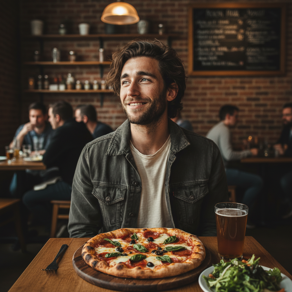 A young man with dark hair and a beard smiling in a restaurant, sitting at a table with a pizza topped with basil leaves, black olives, and tomato sauce, a glass of beer, and a side salad.