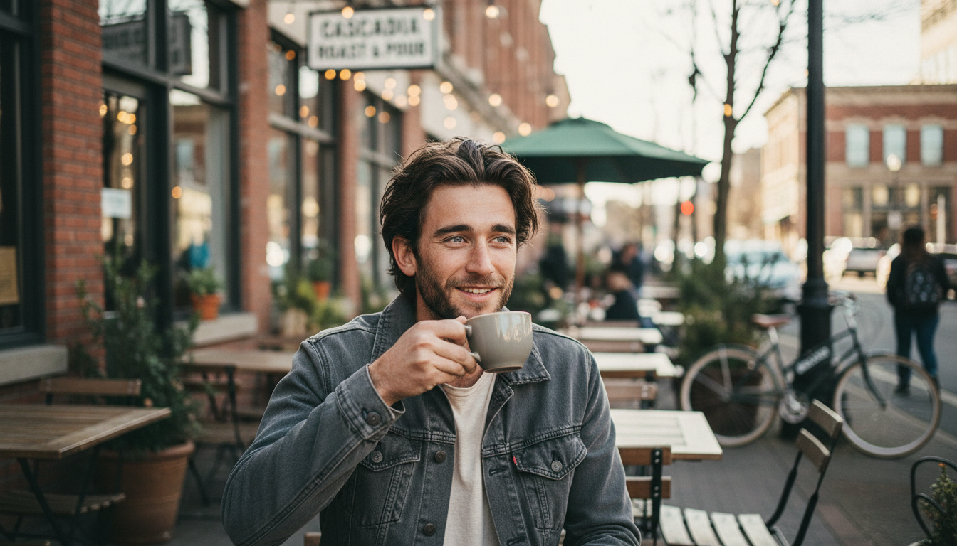 A young woman with blonde hair sitting on a large rock outside a restaurant called 'The Local,' wearing a denim jacket, red beanie, red shirt, jeans, and tan sneakers, with trees and a parking lot in the background.