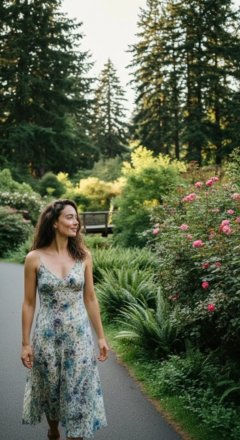 A woman in a floral sundress walking along a garden path surrounded by lush green foliage and pink blooming flowers.