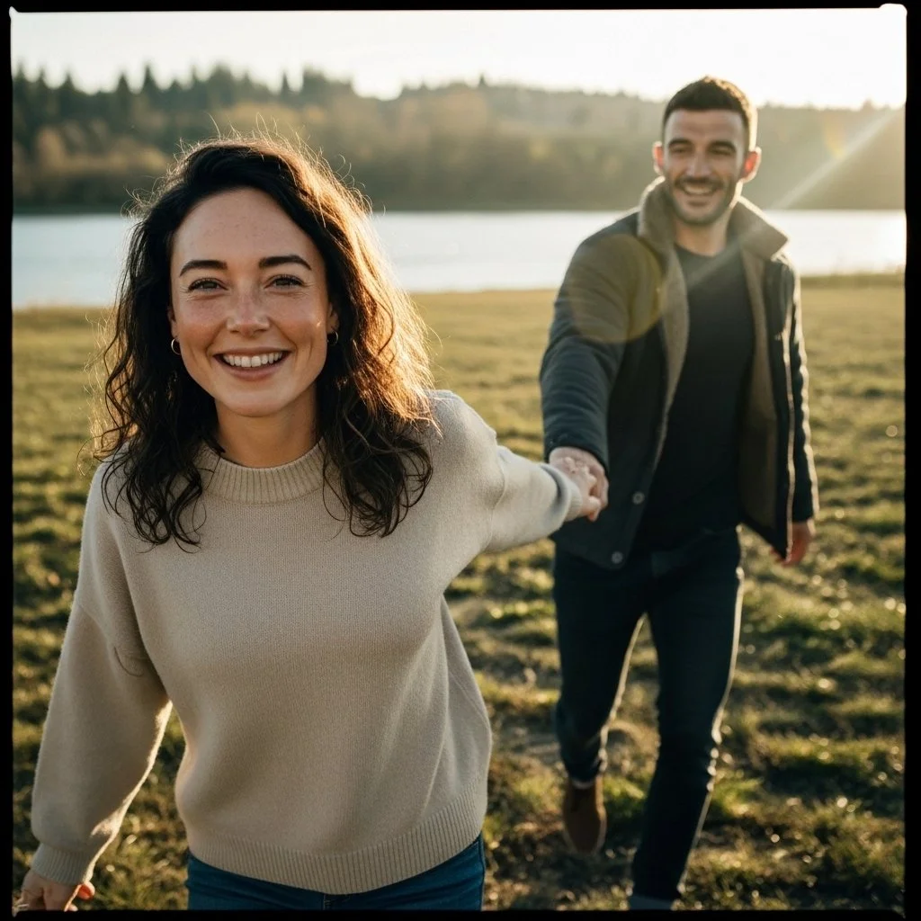 A young woman with blonde hair wearing a gray knit beanie and cozy sweater standing outside a building with a sign that says 'The Local' on a cloudy day.