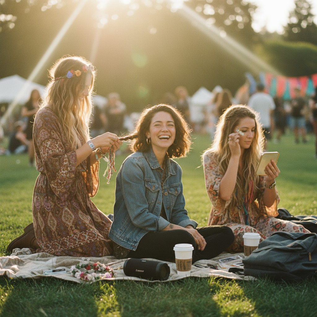 Three young women sitting on a blanket in a park, enjoying a sunny day. One is braiding the hair of the girl in the middle, who is smiling. The third girl is applying makeup while holding a phone. There are coffee cups, a speaker, and a backpack on the blanket.