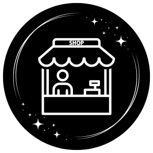 An icon of a small shop with a striped awning, a person at a counter, and a sign that says 'SHOP'.