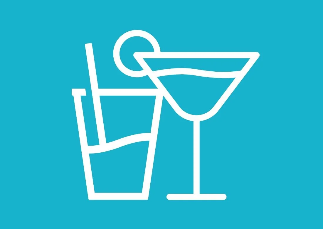 Line drawing of two alcoholic drinks, one in a cocktail glass with a lemon slice, and the other in a highball glass with a straw, on a blue background.