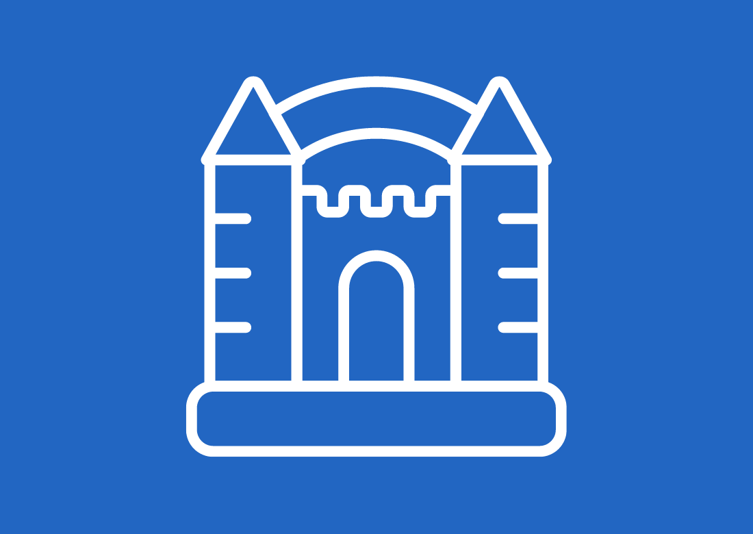Line drawing of a castle with towers, a central archway, and a rainbow above, on a blue background.