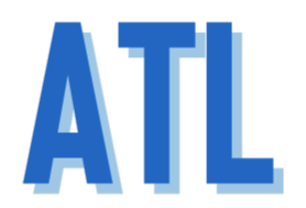 The image shows the letters 'ATL' in bold blue font on a black background.