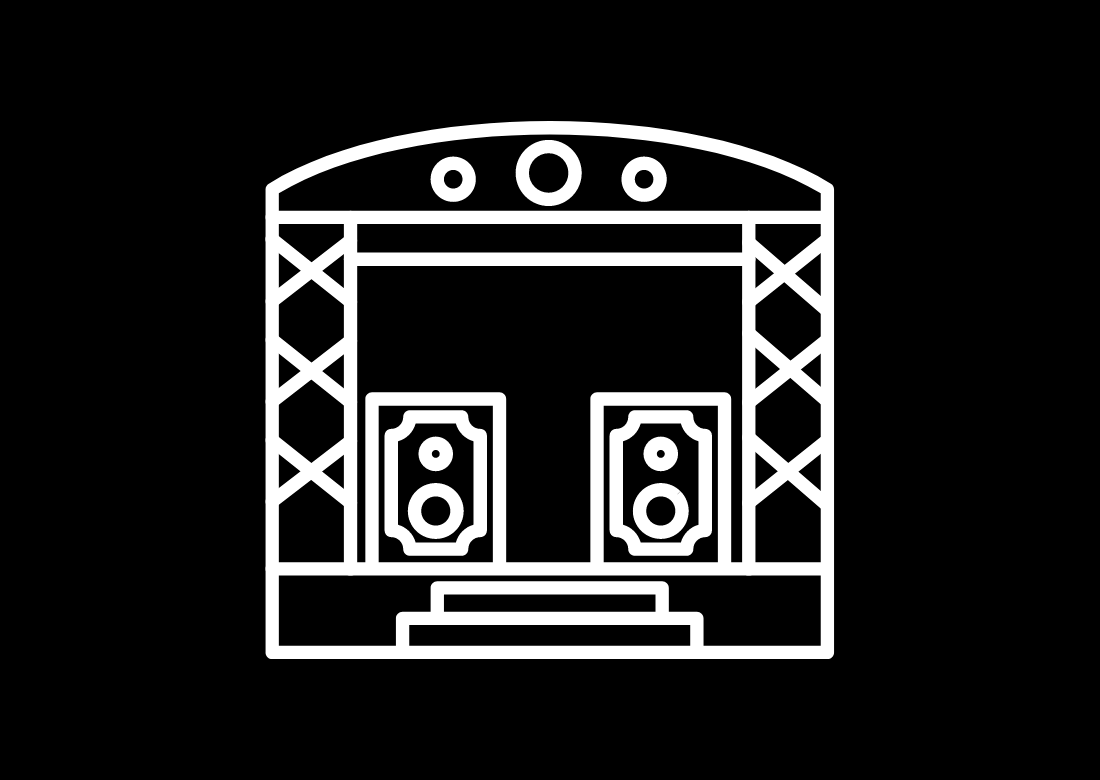 Simple white icon of a stage with speakers and steps on a black background.