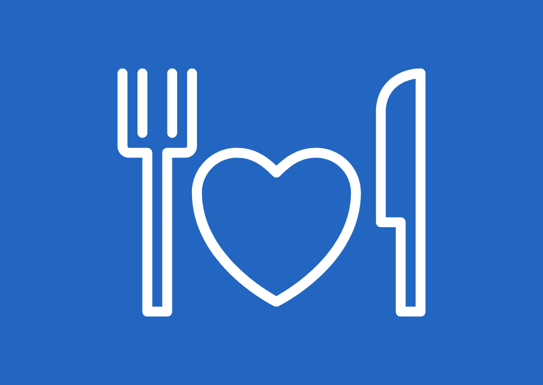 Icon with a fork, a heart, and a knife on a blue background.